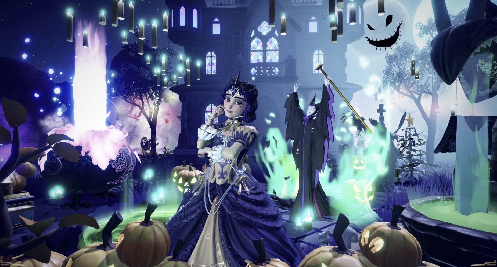 Meu envio: avatar de vestido gótico roxo e dourado com coroa, ao lado da Malévola, entre abóboras e velas flutuantes